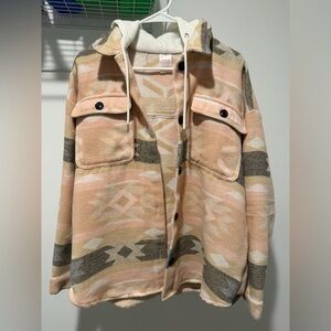 Patterned Button-Up Shacket with Hood